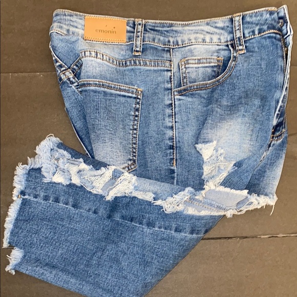 SHEIN Size 28 Blue Skinny Distressed Denim Cutoff Long Shorts - Picture 4 of 13